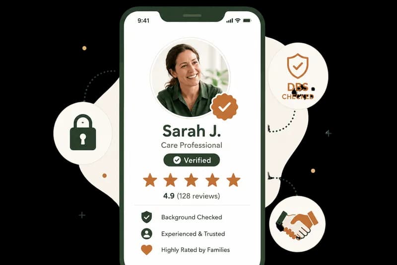 Tunza carer profile showing verification badges, DBS check status, and ratings